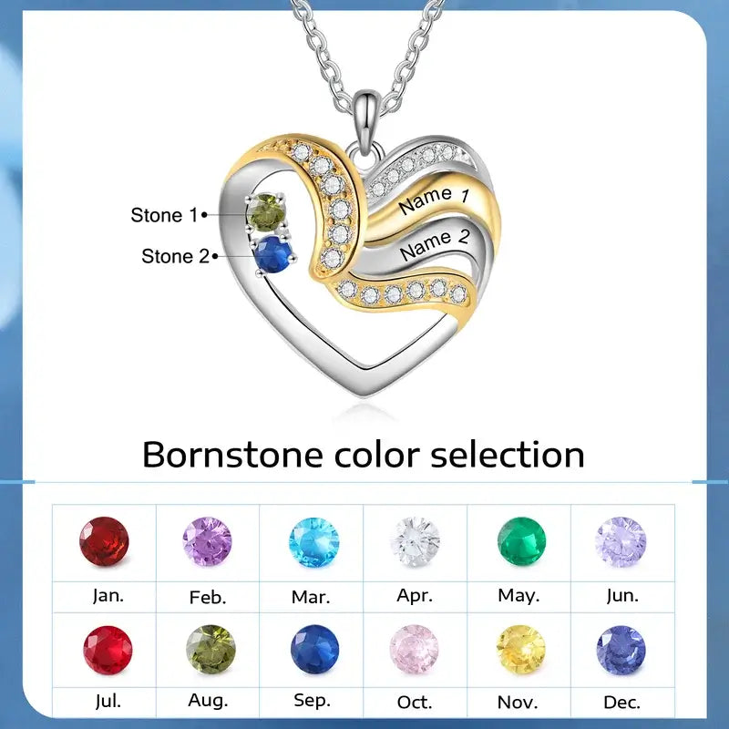 Personalized Heart Shaped Birthstone & Engraved S925silver Necklace –  Coutella